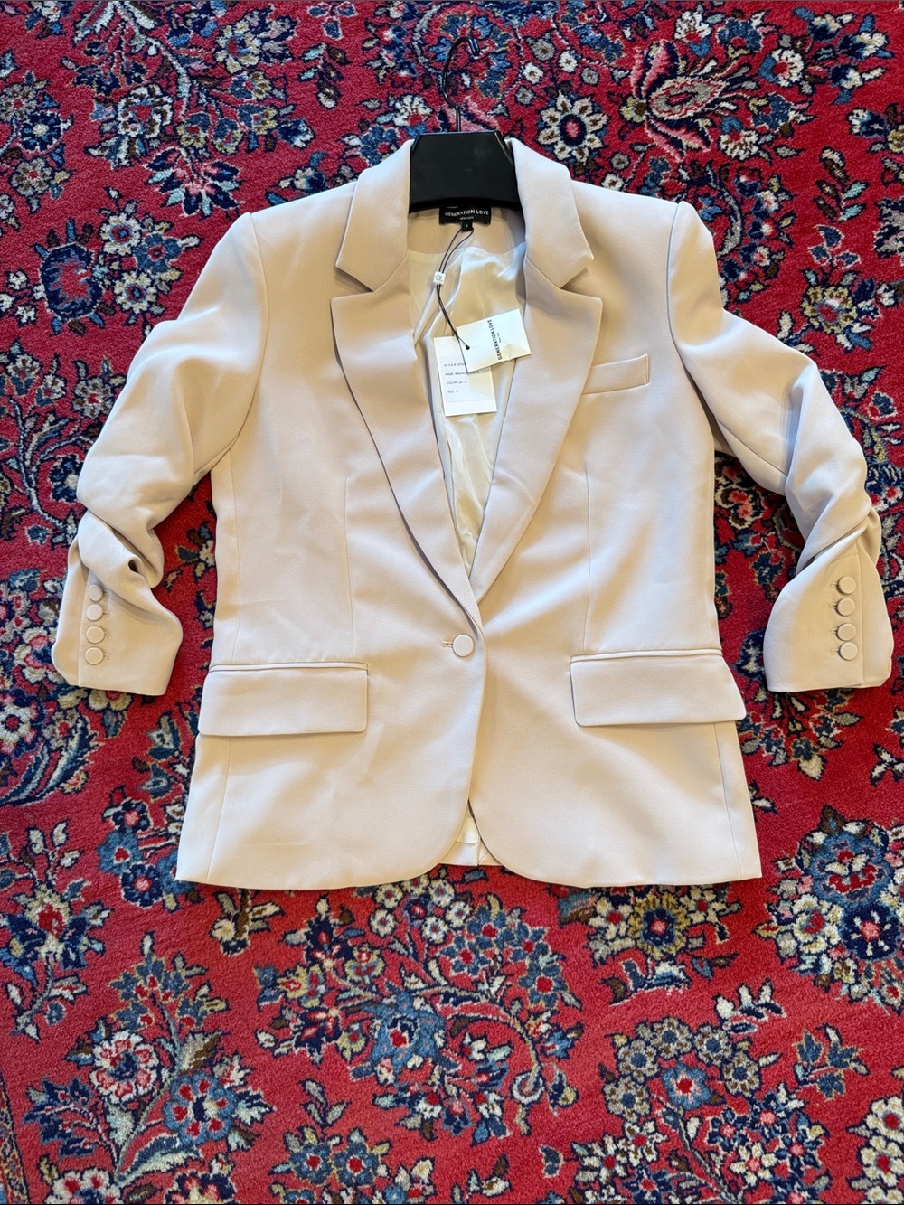 Generation Love Cream Tailored Blazer with Single-Button Closure, ruched sleeve.